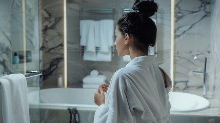 Obraz premium Beautiful woman wearing white robe in bathroom : Generative AI