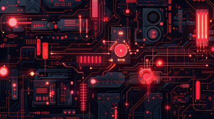 Futuristic circuit board with glowing red lights and intricate patterns, representing advanced technology and AI systems.