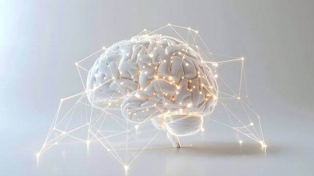 3D rendering of a human brain with connected nodes and glowing lights representing neural networks and artificial intelligence technology.