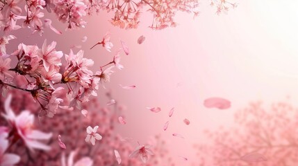 Fototapeta premium Scenic background with cherry blossoms falling from cherry trees, offering generous room on the right side for text.