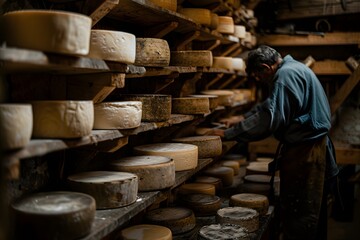Cheesemaker Selecting Cheeses From His Cellar