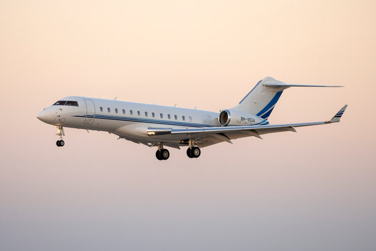 Luqa, Malta - June 6, 2024: Newly registered Hyperion Aviation Bombardier Global 6000 (BD-700-1A10) (REG: 9H-GLEX) landing after sunset.