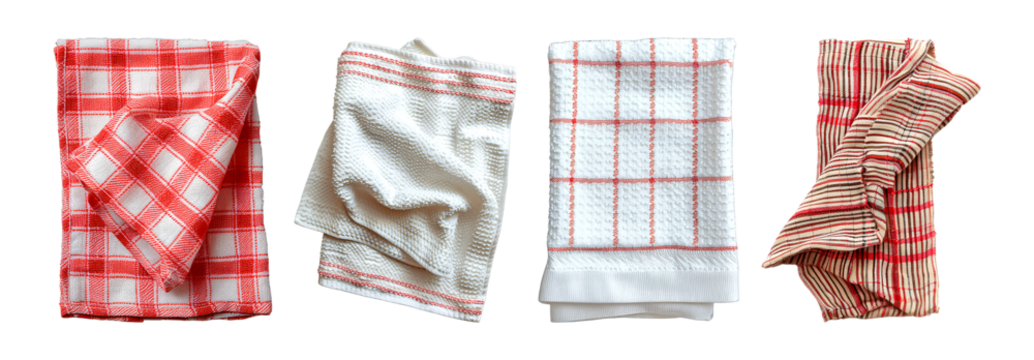 Four folded kitchen towels with different patterns.