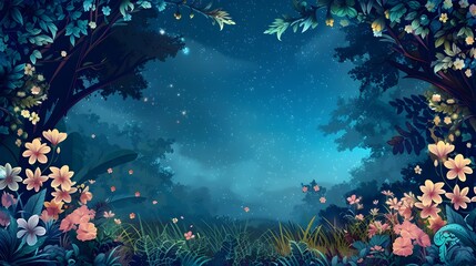Enchanting Springtime Night Floral Garden Backdrop with Whimsical Blossom Page Border Design