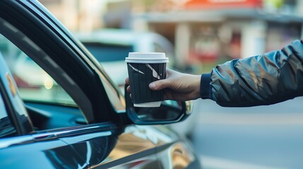 Hand Man in car receiving coffee in drive thru fast food restaurant Staff serving takeaway order for driver in delivery window Drive through and takeaway for buy fast food for protect  : Generative AI