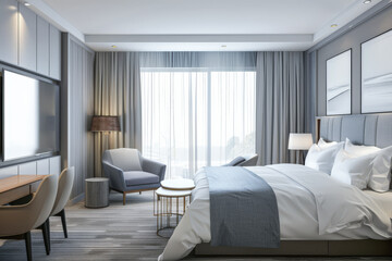 Elegant hotel room interiors with modern furniture. Hotel interior design composition.