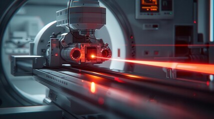 Macro shot of a radiotherapy machine in action, beams directed at the tumor, highdefinition, detailed and realistic, medical treatment awareness, sterile environment