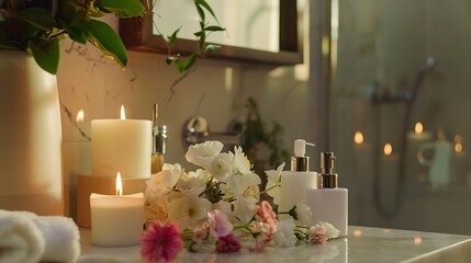 Beautiful flowers burning candles and different toiletries on countertop in bathroom : Generative AI