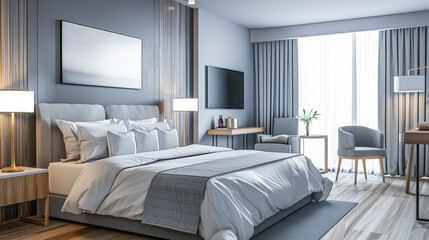 Elegant hotel room interiors with modern furniture. Hotel interior design composition.