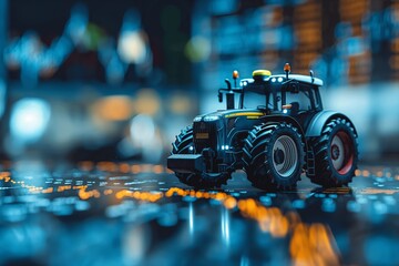 Miniature tractor on illuminated city street