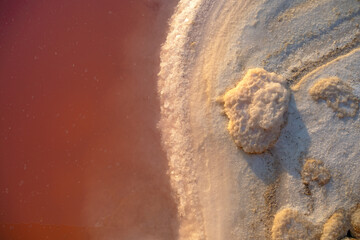 The shore of a salty pink lake. Salt formation. Natural background