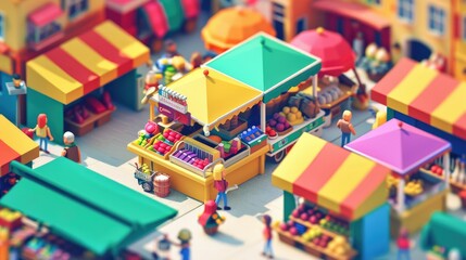 Vibrant isometric background featuring miniature characters at a street fair, selling a variety of products. Space for text at the bottom.