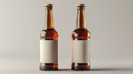 Two beer bottles with blank labels, standing side by side against a neutral background. The image is ideal for showcasing branding or label designs.