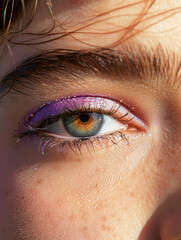 Obraz premium close up of a female eye with lilac light purple eyeshadow makeup, vertical portrait