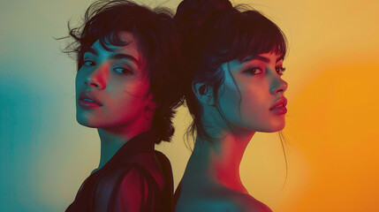 back to back experimental studio photography of two diverse young women, latina and caucasian, yellow background, playful lights, alternative aesthetic fashion beauty photography