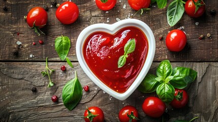 White heart-shaped cup of bright red ketchup on a wooden table, surrounded by fresh basil and cherry tomatoes for a delightful composition.
