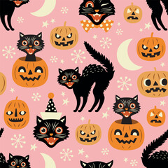 Seamless vector pattern with vintage spooky cats and Halloween pumpkins. Hand drawn illustration. Perfect for textile, wallpaper or print design.
