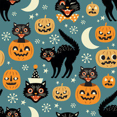 Seamless vector pattern with vintage spooky cats and Halloween pumpkins. Hand drawn illustration. Perfect for textile, wallpaper or print design.
