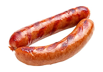 Sausages grilled with visible grill marks, isolated on a transparent background.