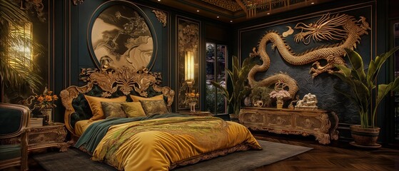 AI generator images of Bedroom decorated in Chinese style There is a dragon in the room. The dragon represents fortune, power, and prosperity.