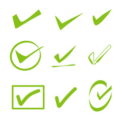 check mark icon set, green approval check symbol isolated.