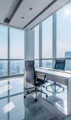 modern office room with large windows overlooking the city, featuring sleek furniture and minimalist decor