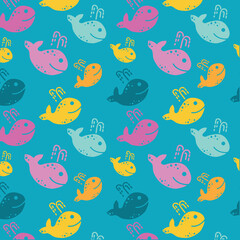Multi-colored funny whales. Marine vector seamless pattern with whales.