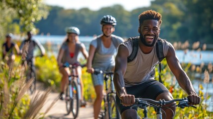 Obraz premium Active Lifestyle, Friends Riding Shared Bikes by River, Promoting Health and Eco-Friendly Transportation in Scenic Nature Setting