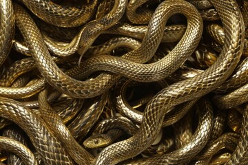 Obraz premium Stack of gleaming gold snakes coiled on top of shimmering coins in luxurious display of wealth and opulence