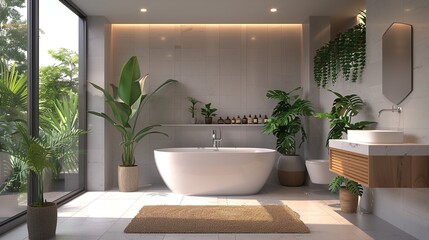 A modern bathroom features a sleek freestanding tub, lush greenery, and natural light streaming in