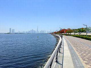 beautiful embankment with flowering trees overlooking the downtown Dubai on a sunny day, UAE