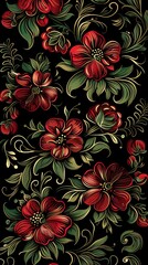 Illustrated Red Floral Pattern With Green Leaves on Black Background