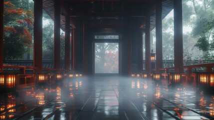 Fototapeta premium Misty path leads to a gate at a traditional japanese temple, illuminated by lanterns, creating a spiritual atmosphere