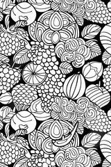 Fruits and flowers colouring page, comic style, black and white, bold lines, white background