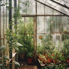 Lush greenhouse with thriving plants and vegetables under cultivation, showcasing sustainable farming practices and modern agricultural techniques.