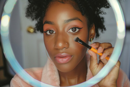 close-up portrait of young black woman DIY make up tutorial with light ring at home