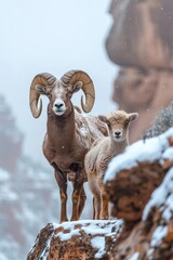 Bighorn ram sheep goat with cub on cliff in Grand Canyon in winter with snow