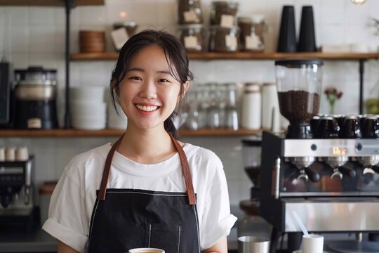 Joyful Asian female cafe owner, barista serving coffee, SME entrepreneur showcasing her startup