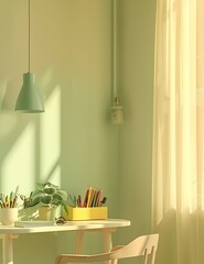 A simple study room with pastel colored walls, featuring an elegant desk and chair