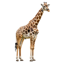 Fototapeta premium Tall giraffe with distinctive spots standing in full view, showcasing its long neck and sturdy legs against isolated on transparency PNG background.