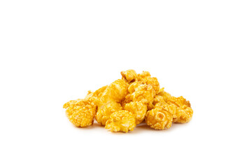 Delicious caramel popcorn isolated on white background. Cinema and entertainment concept. Movie night with popcorn. Cheese and caramel popcorn. Delicious appetizer, snack. Banner