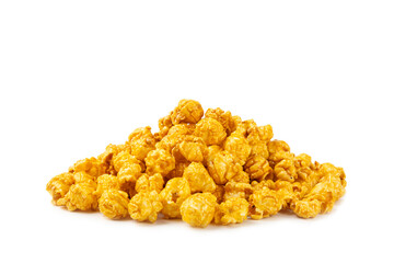 Delicious caramel popcorn isolated on white background. Cinema and entertainment concept. Movie night with popcorn. Cheese and caramel popcorn. Delicious appetizer, snack. Banner