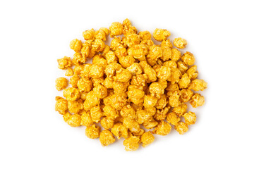 Delicious caramel popcorn isolated on white background. Cinema and entertainment concept. Movie night with popcorn. Cheese and caramel popcorn. Delicious appetizer, snack. Banner