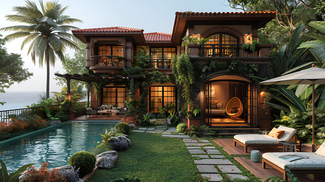 modern 2 floor cozy house with mansard near beach with spacious green yard fontain and gazebo swing and swimming pool - Powered by Adobe