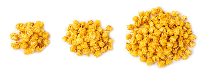 Delicious caramel popcorn isolated on white background. Cinema and entertainment concept. Movie...