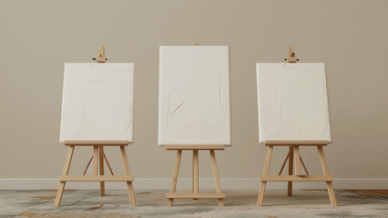 Artistic Simplicity: Three Canvases on Easels in a Beige Interior