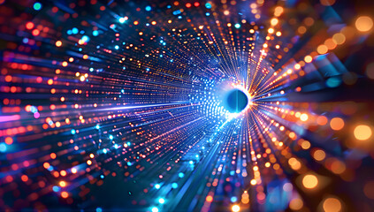 Naklejka premium Digital background with glowing light particles forming an array of colors in the shape of a tunnel, representing data transfer and technology,symbolizing the speed and energy in information flow.