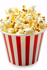 Popcorn in Red and White Striped Bucket, Isolated on White Background