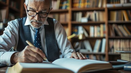 Elderly executive jotting down notes in a notebook