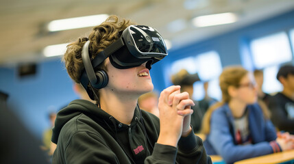 students experiencing virtual reality in a classroom setting, innovative educational technology